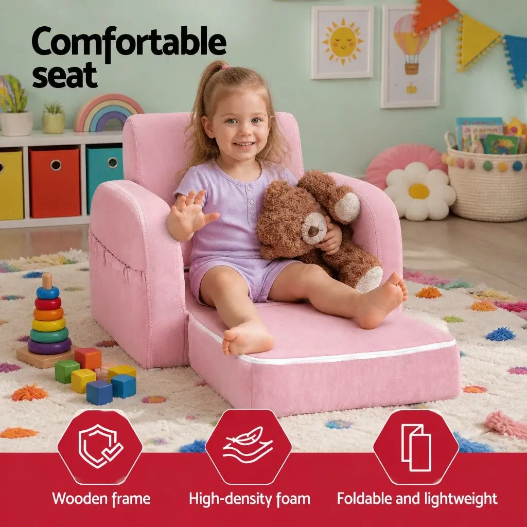 Kids Sofa Flip Open Couch Lounger Chair Timber Frame High-Density Foam Removable Fabric Cover Pink 1 Seater