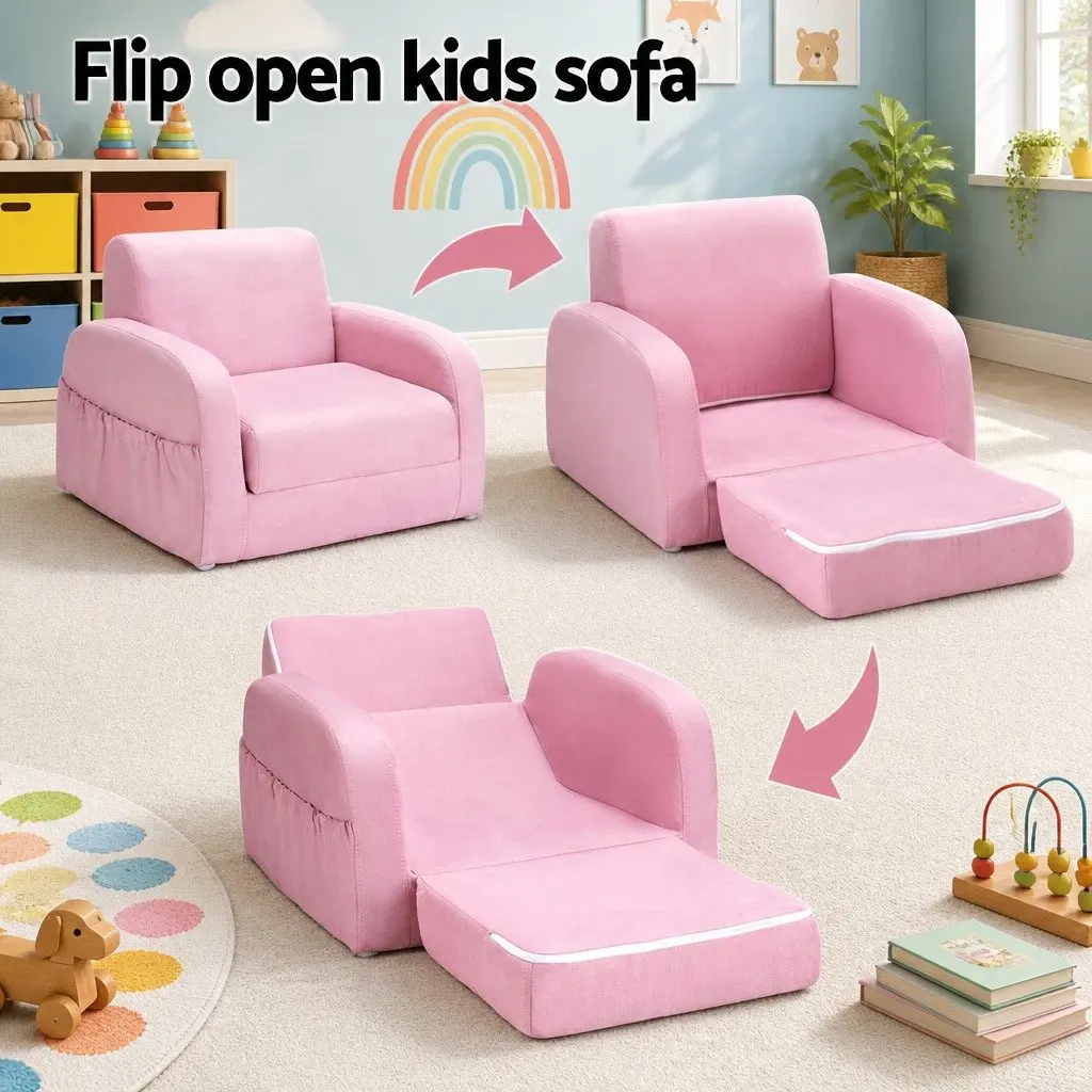 Kids Sofa Flip Open Couch Lounger Chair Timber Frame High-Density Foam Removable Fabric Cover Pink 1 Seater