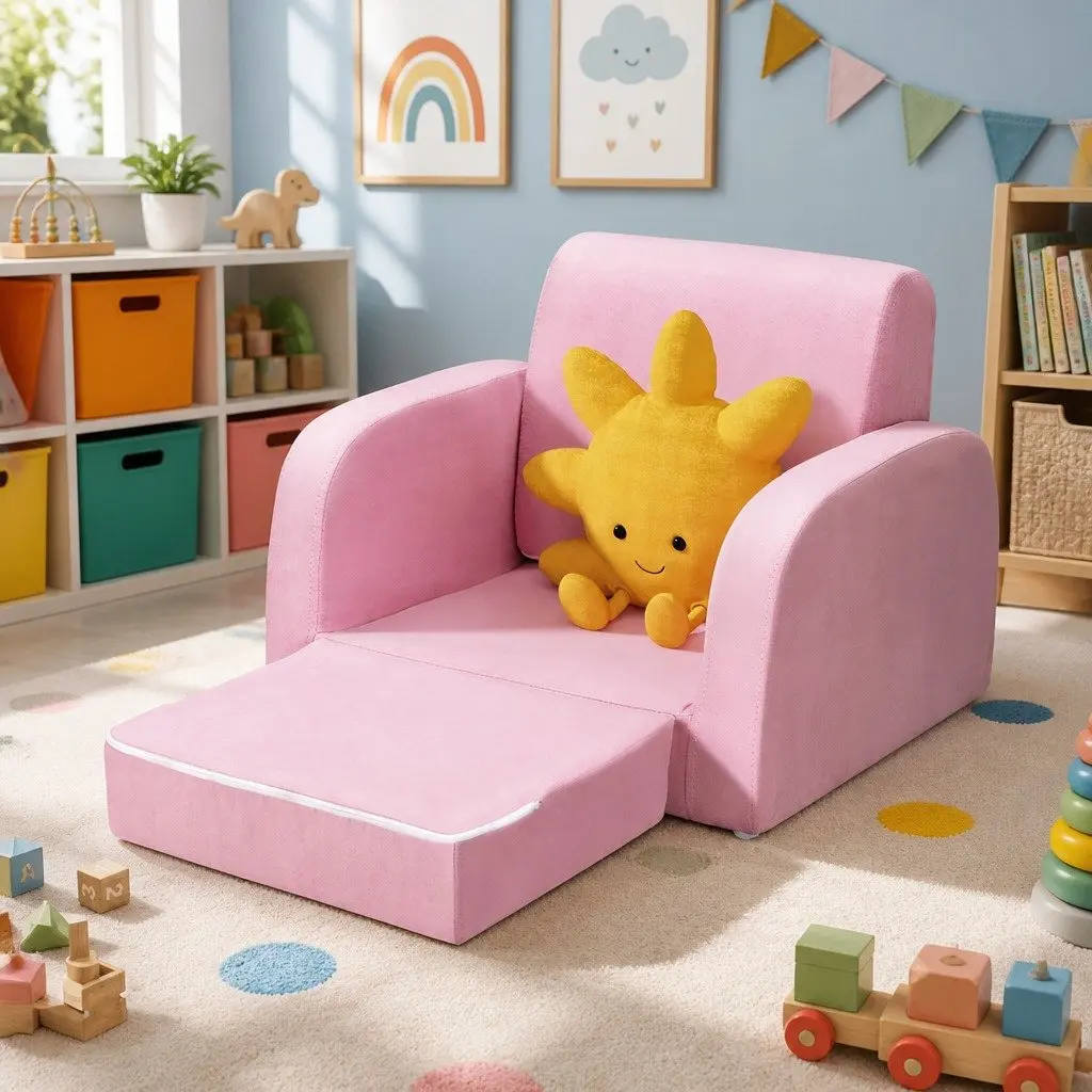 Kids Sofa Flip Open Couch Lounger Chair Timber Frame High-Density Foam Removable Fabric Cover Pink 1 Seater
