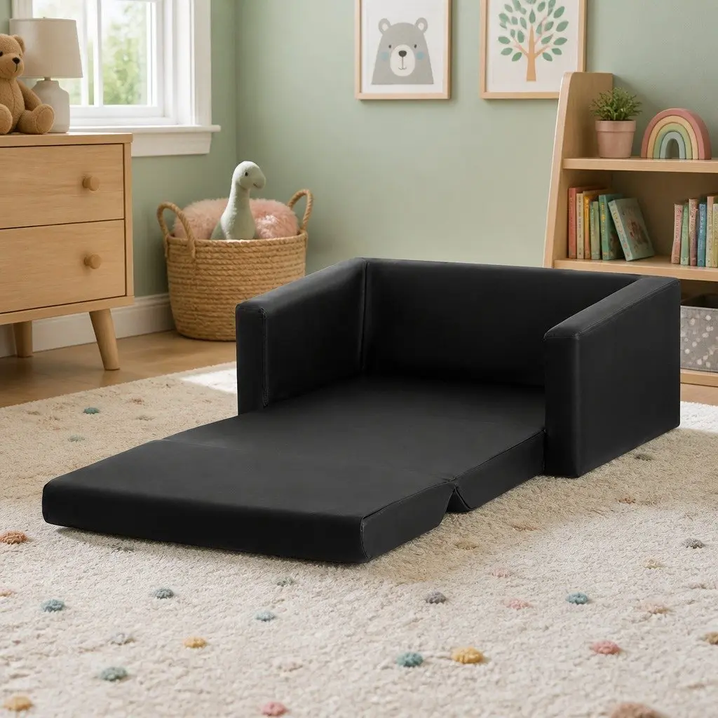 Kids Fold-Out Sofa Bed Timber PU Leather 30cm W x 76cm D x 99cm H Black
