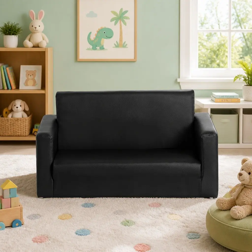 Kids Fold-Out Sofa Bed Timber PU Leather 30cm W x 76cm D x 99cm H Black