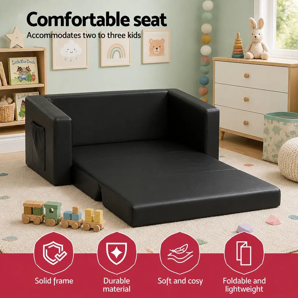 Kids Fold-Out Sofa Bed Timber PU Leather 30cm W x 76cm D x 99cm H Black