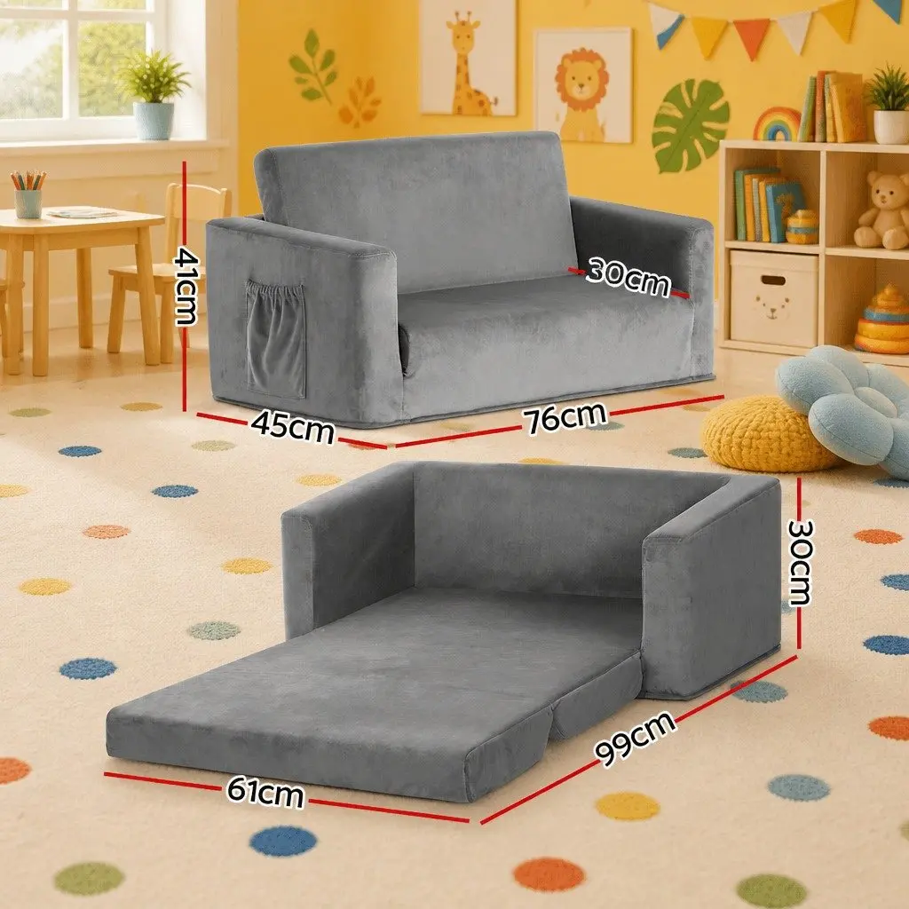 Kids Fold-Out Sofa Bed Convertible Couch Timber Velour 30cm W x 76cm D x 99cm H Grey