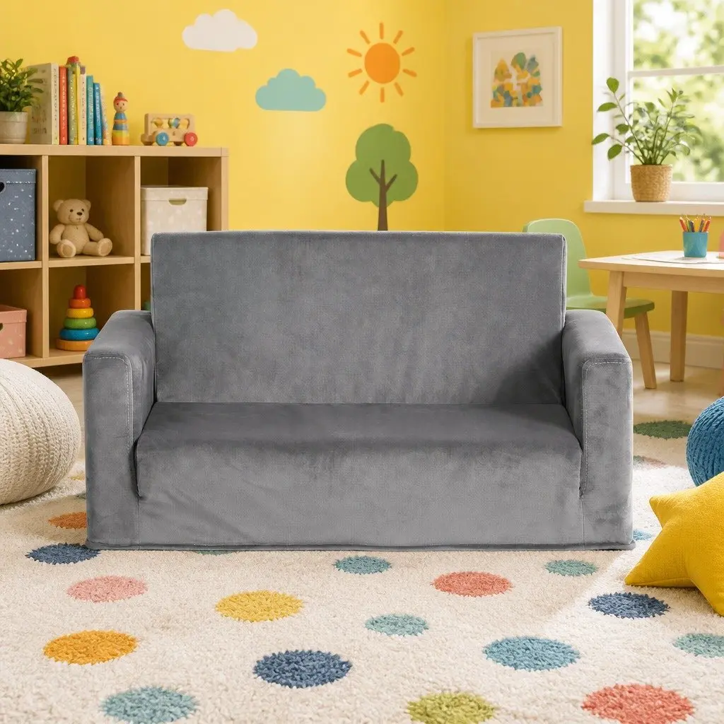Kids Fold-Out Sofa Bed Convertible Couch Timber Velour 30cm W x 76cm D x 99cm H Grey