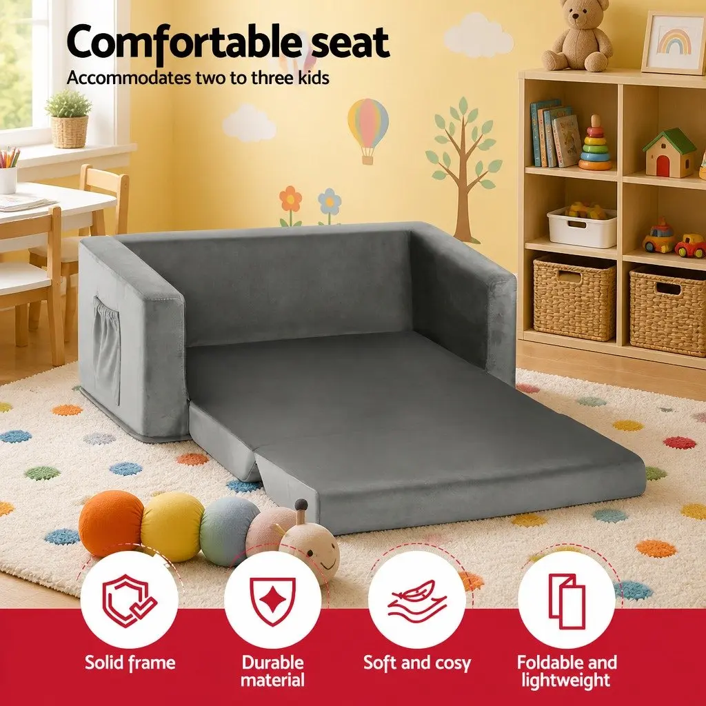 Kids Fold-Out Sofa Bed Convertible Couch Timber Velour 30cm W x 76cm D x 99cm H Grey