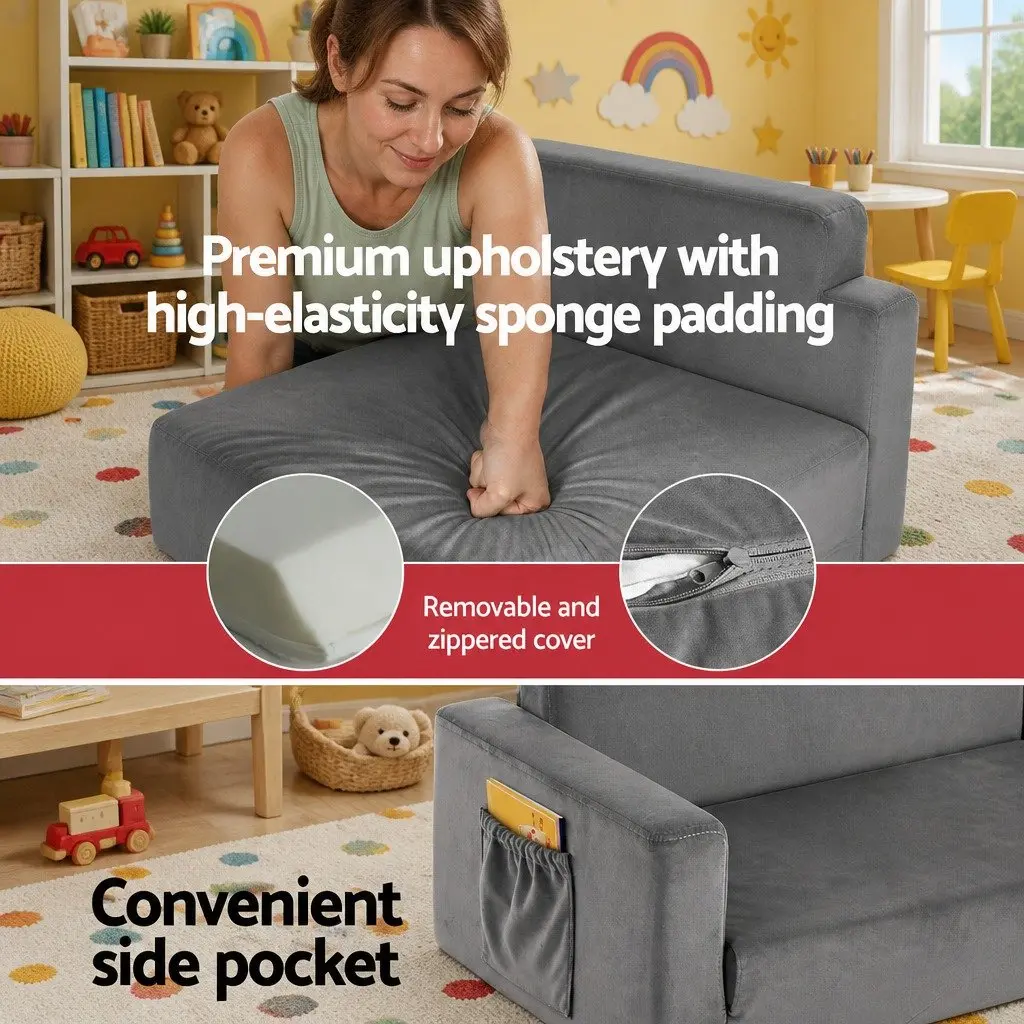 Kids Fold-Out Sofa Bed Convertible Couch Timber Velour 30cm W x 76cm D x 99cm H Grey