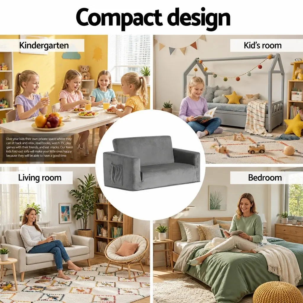 Kids Fold-Out Sofa Bed Convertible Couch Timber Velour 30cm W x 76cm D x 99cm H Grey