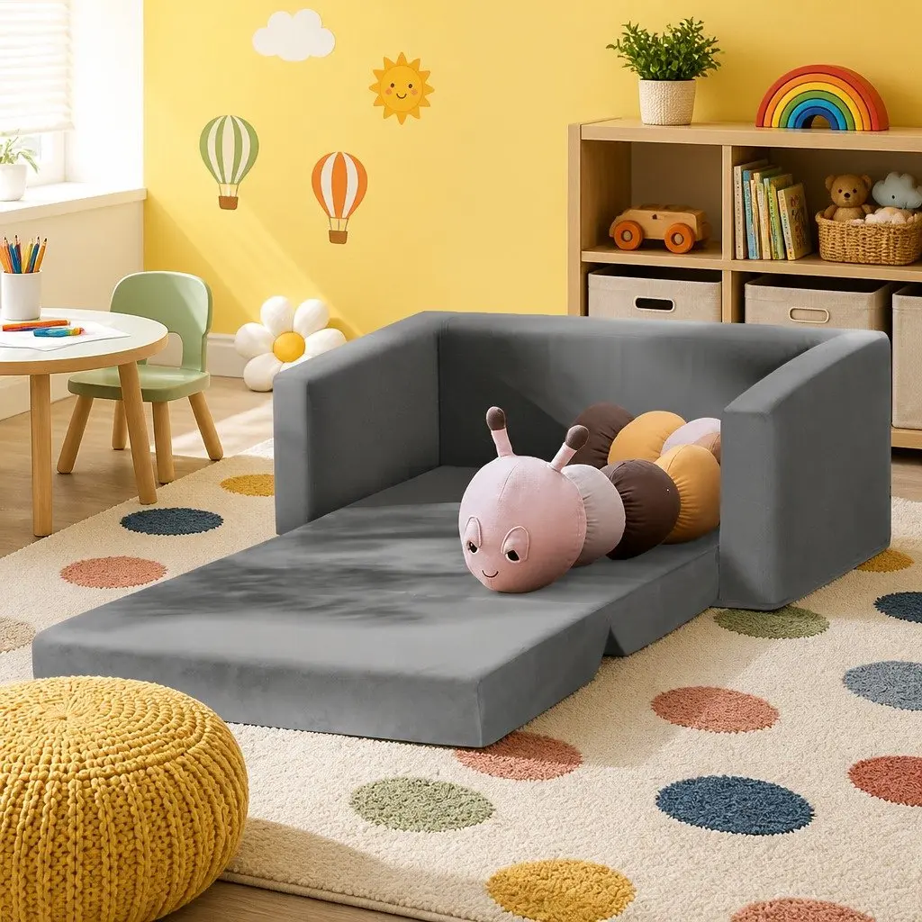 Kids Fold-Out Sofa Bed Convertible Couch Timber Velour 30cm W x 76cm D x 99cm H Grey