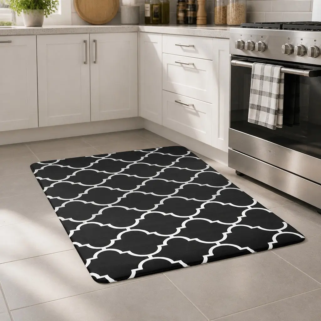 Floor Mat PVC Non-slip 45x75cm Kitchen Rug Black with Cushioning Support for Cooking Areas