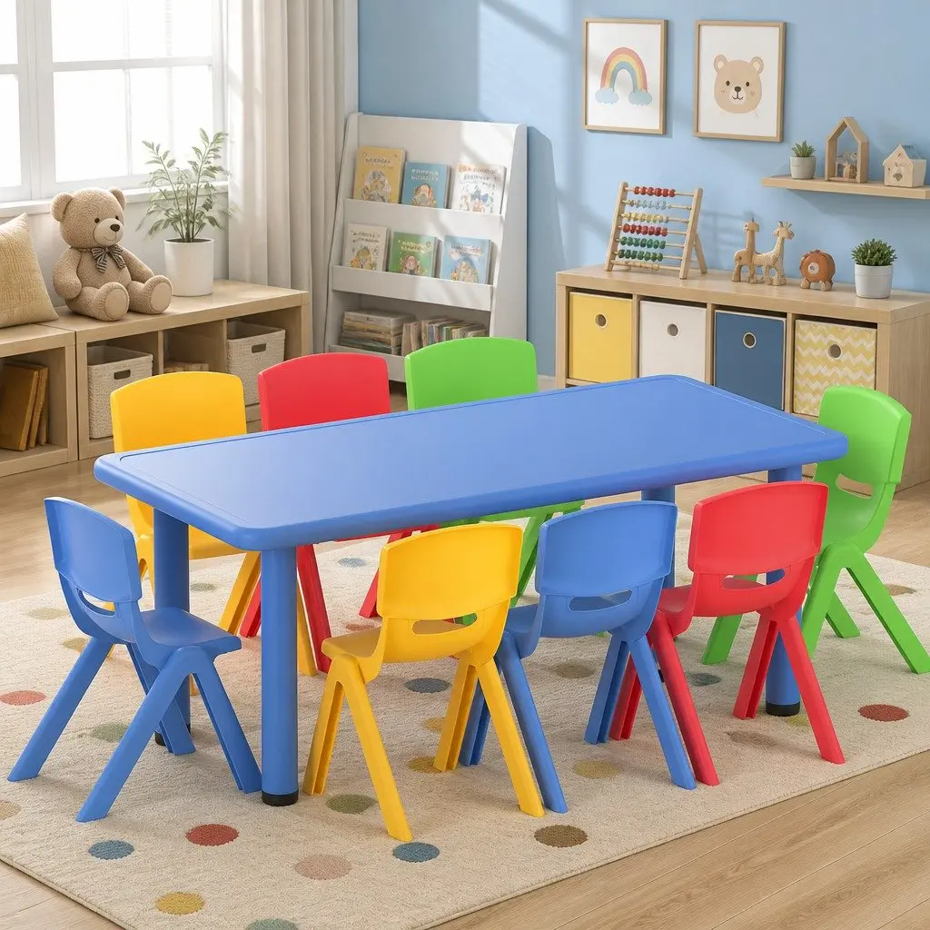 Kids Activity Table and Chairs Set HDPE Plastic Powder-Coated Steel 120cm Blue Green Red Yellow 9 Piece