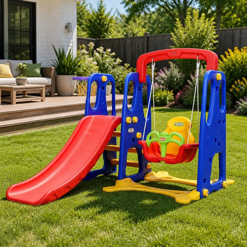 Kids 3-in-1 Slide Swing Set Basketball Hoop Outdoor Playground Equipment Toys