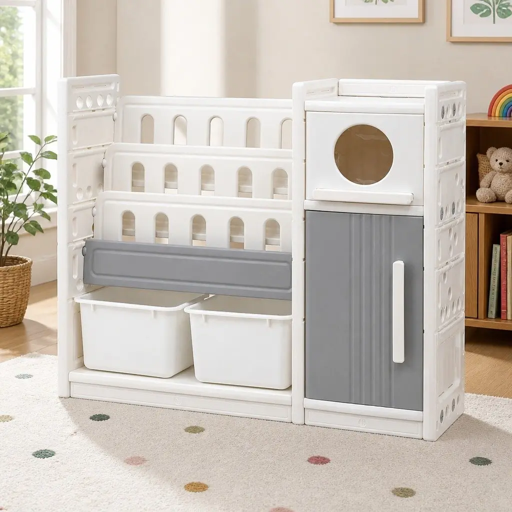 Kids Bookshelf Toy Storage Organizer HDPE 3-Tier Shelves White Grey