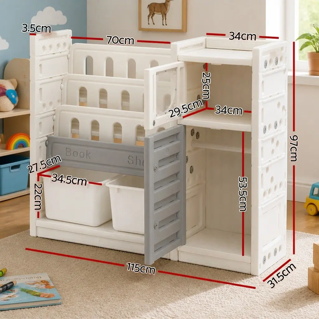 Kids Bookshelf Toy Storage Organizer HDPE 3-Tier Shelves White Grey