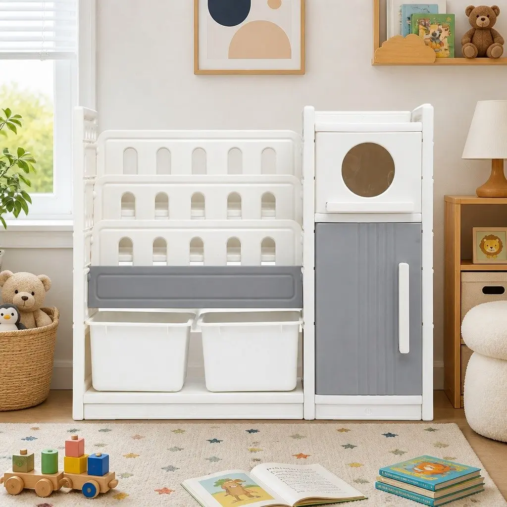Kids Bookshelf Toy Storage Organizer HDPE 3-Tier Shelves White Grey
