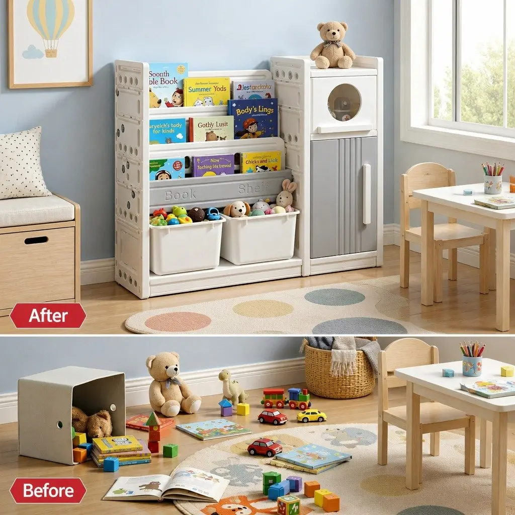 Kids Bookshelf Toy Storage Organizer HDPE 3-Tier Shelves White Grey