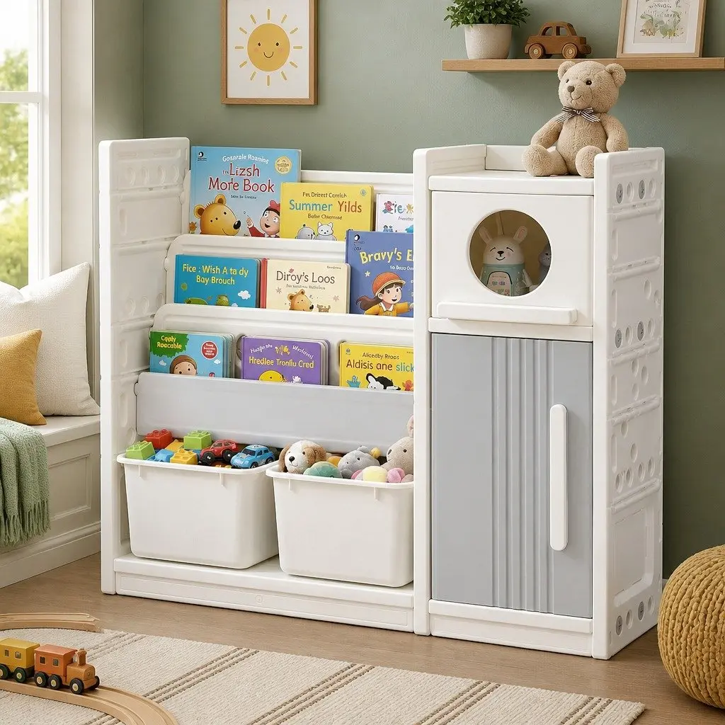 Kids Bookshelf Toy Storage Organizer HDPE 3-Tier Shelves White Grey