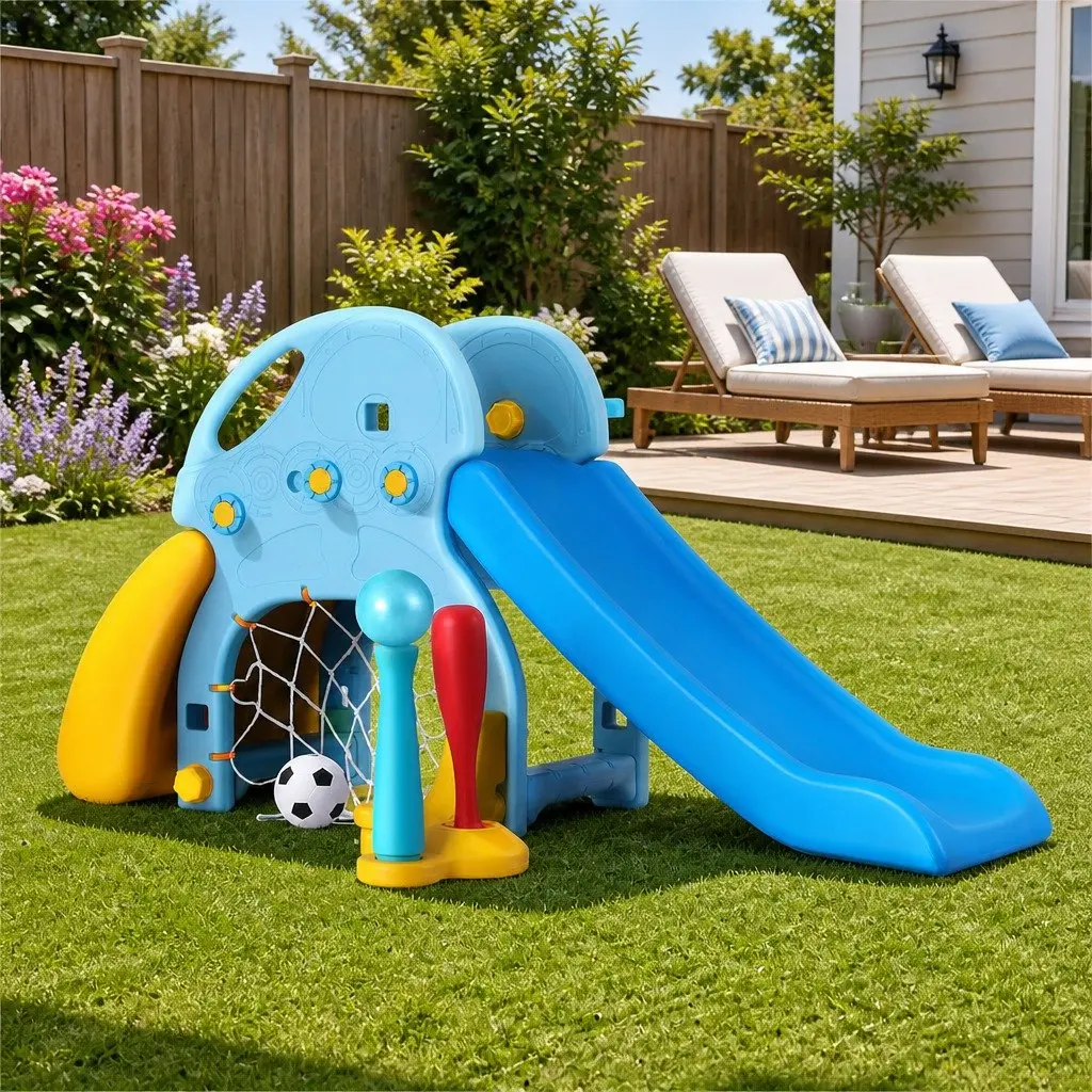 Kids Slide Set 5-in-1 Outdoor Playground Blue Yellow