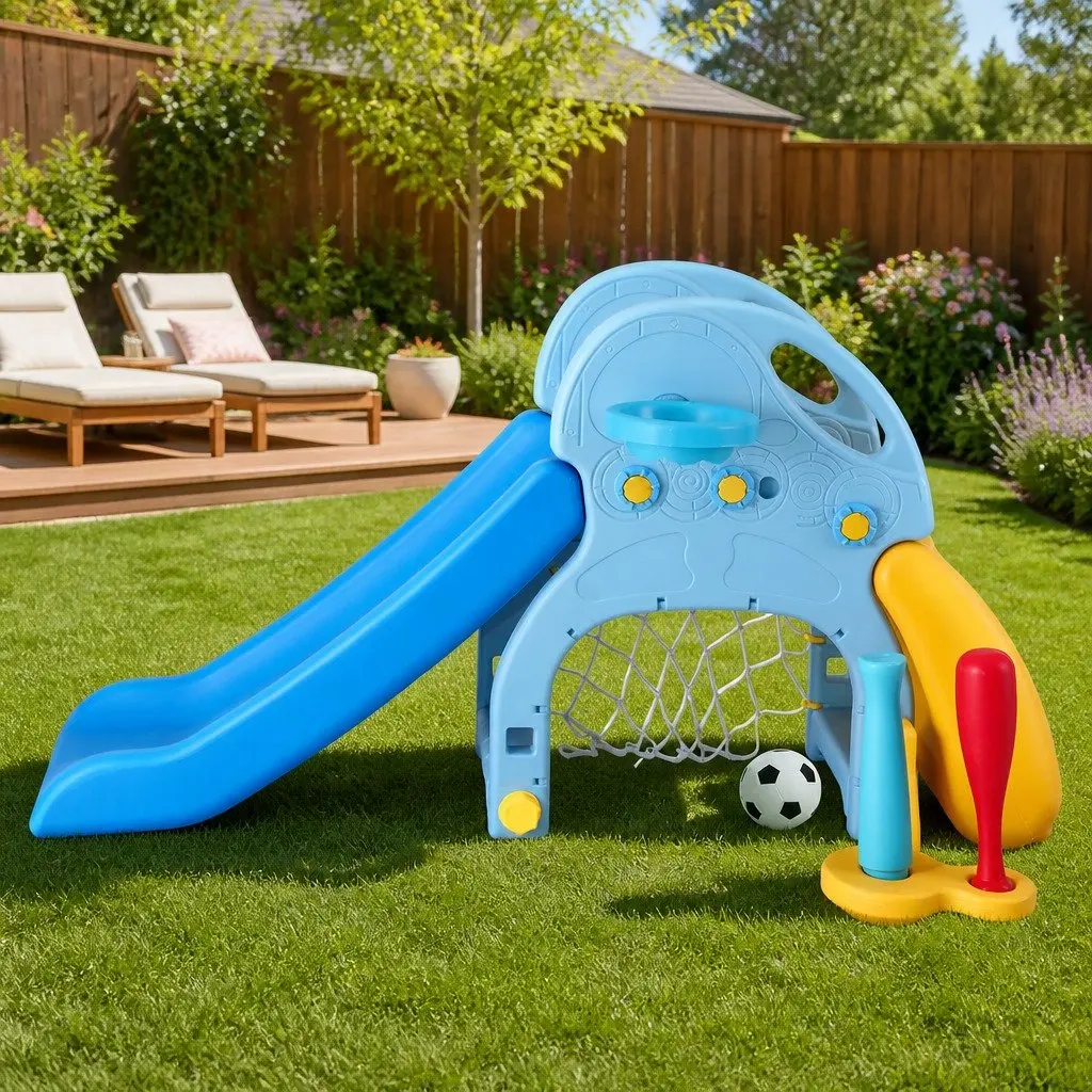 Kids Slide Set 5-in-1 Outdoor Playground Blue Yellow