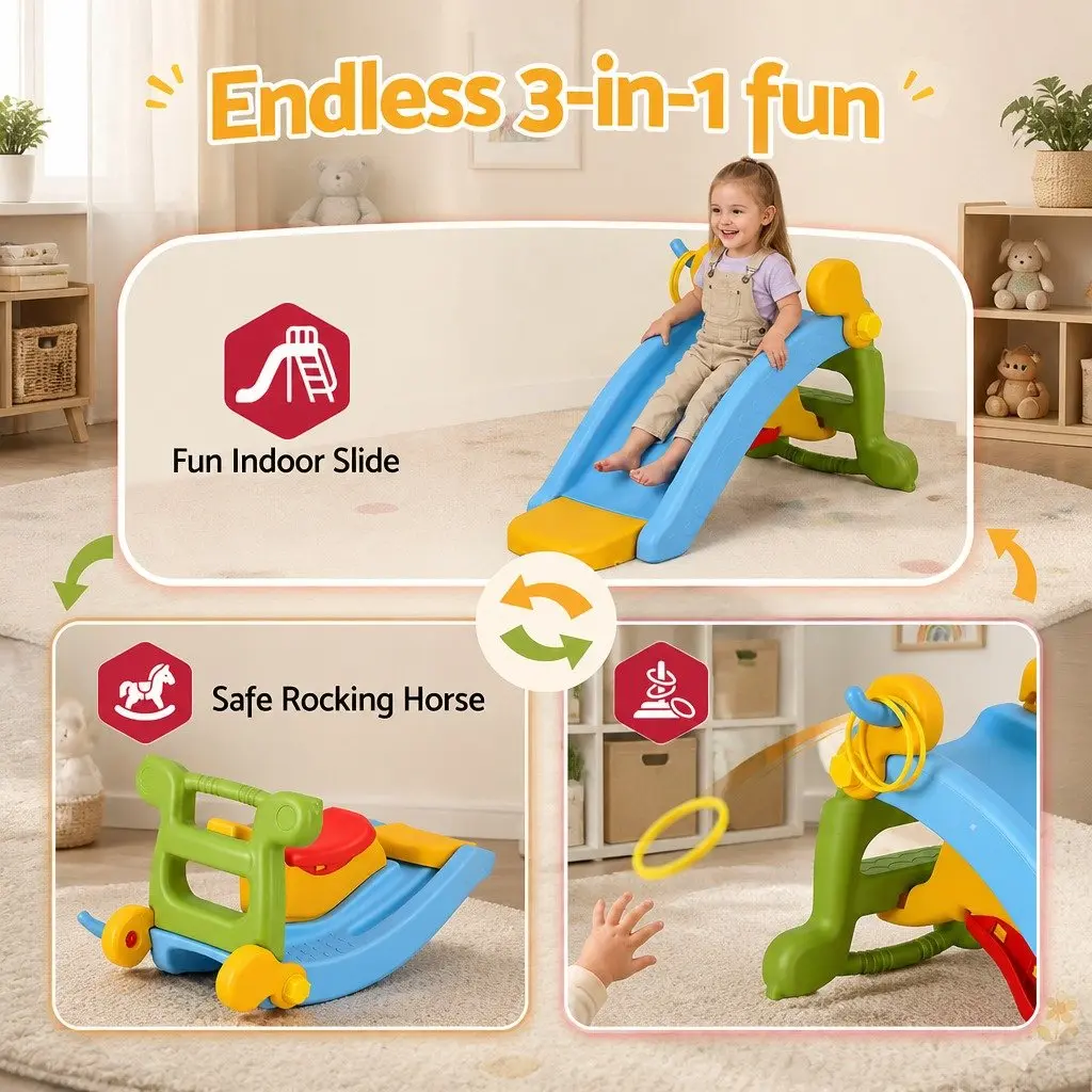Toddler Indoor Playset Multicolour Rocking Horse Slide and Ring Toss 3 in 1 HDPE 83cm x 52cm x 50cm