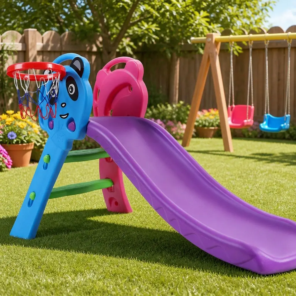Kids Slide Set Plastic 100cm Multi-Coloured Indoor Outdoor Play Equipment with Basketball Hoop