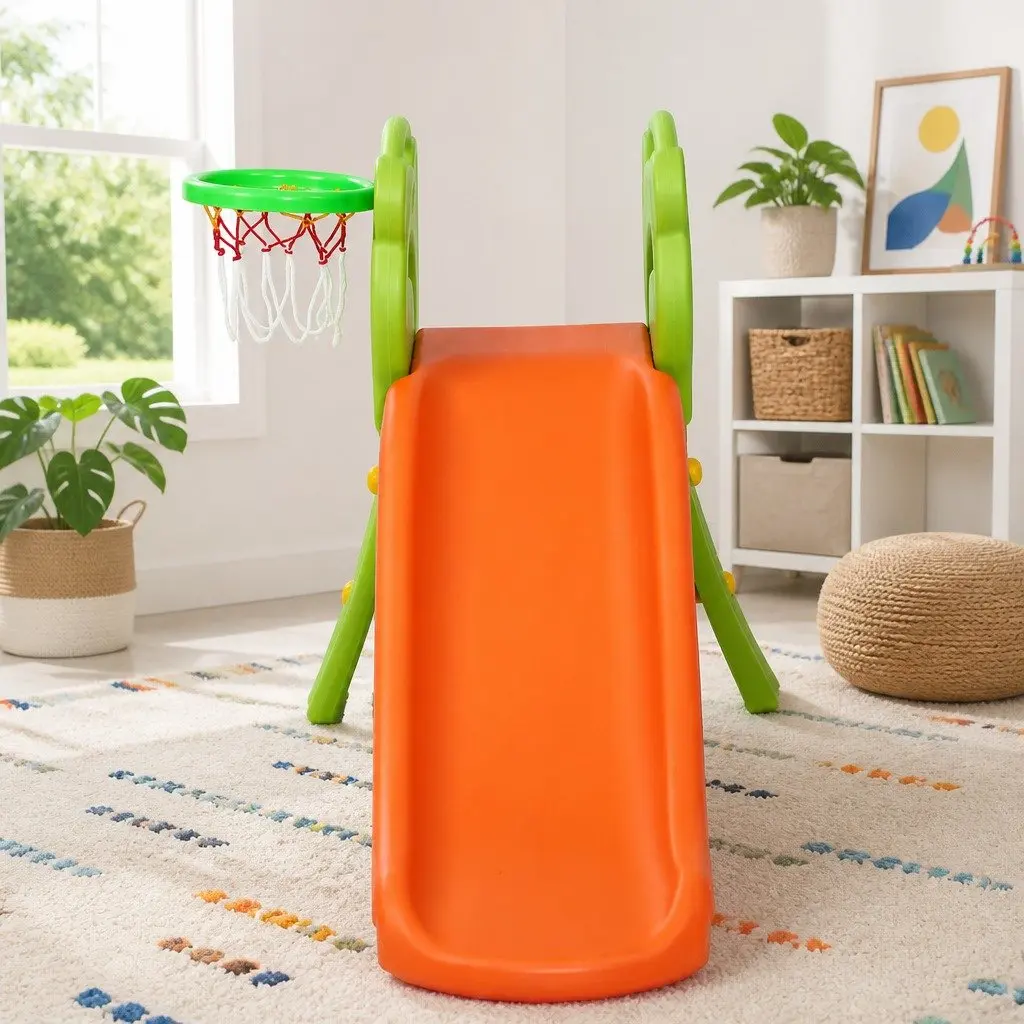 Kids Slide Basketball Hoop Play Set PE Plastic 100cm Green Orange