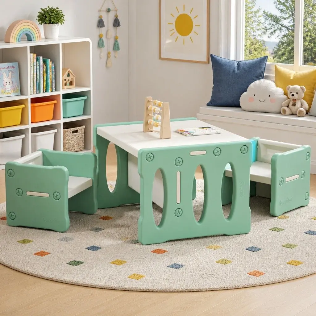 Kids Table and Chairs Set HDPE Green 3 Piece Activity Furniture for Children Play Room