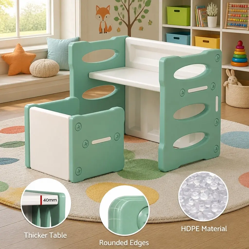 Kids Table and Chairs Set HDPE Green 3 Piece Activity Furniture for Children Play Room
