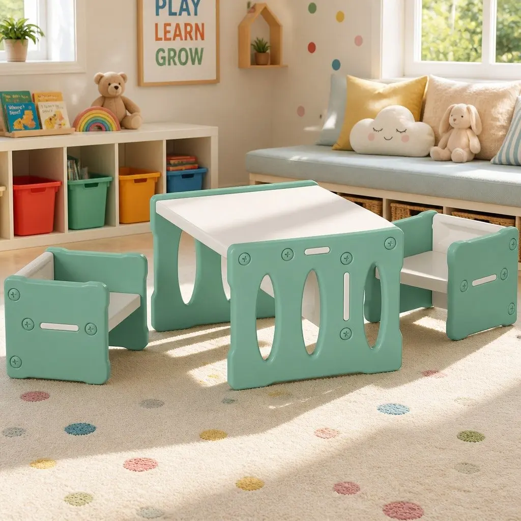 Kids Table and Chairs Set HDPE Green 3 Piece Activity Furniture for Children Play Room