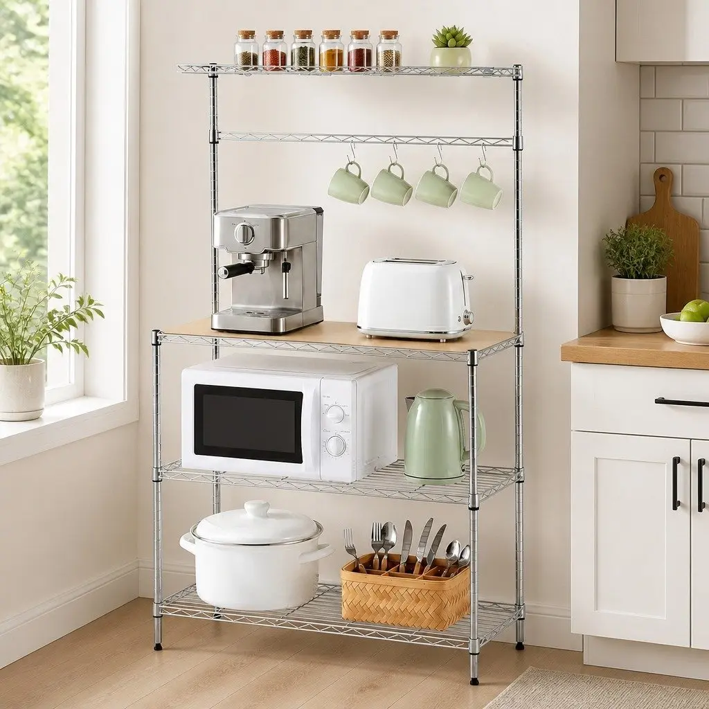 4TierKitchenShelfMetalOrganizerSilverCompactStorage90cmx34cmx151cm