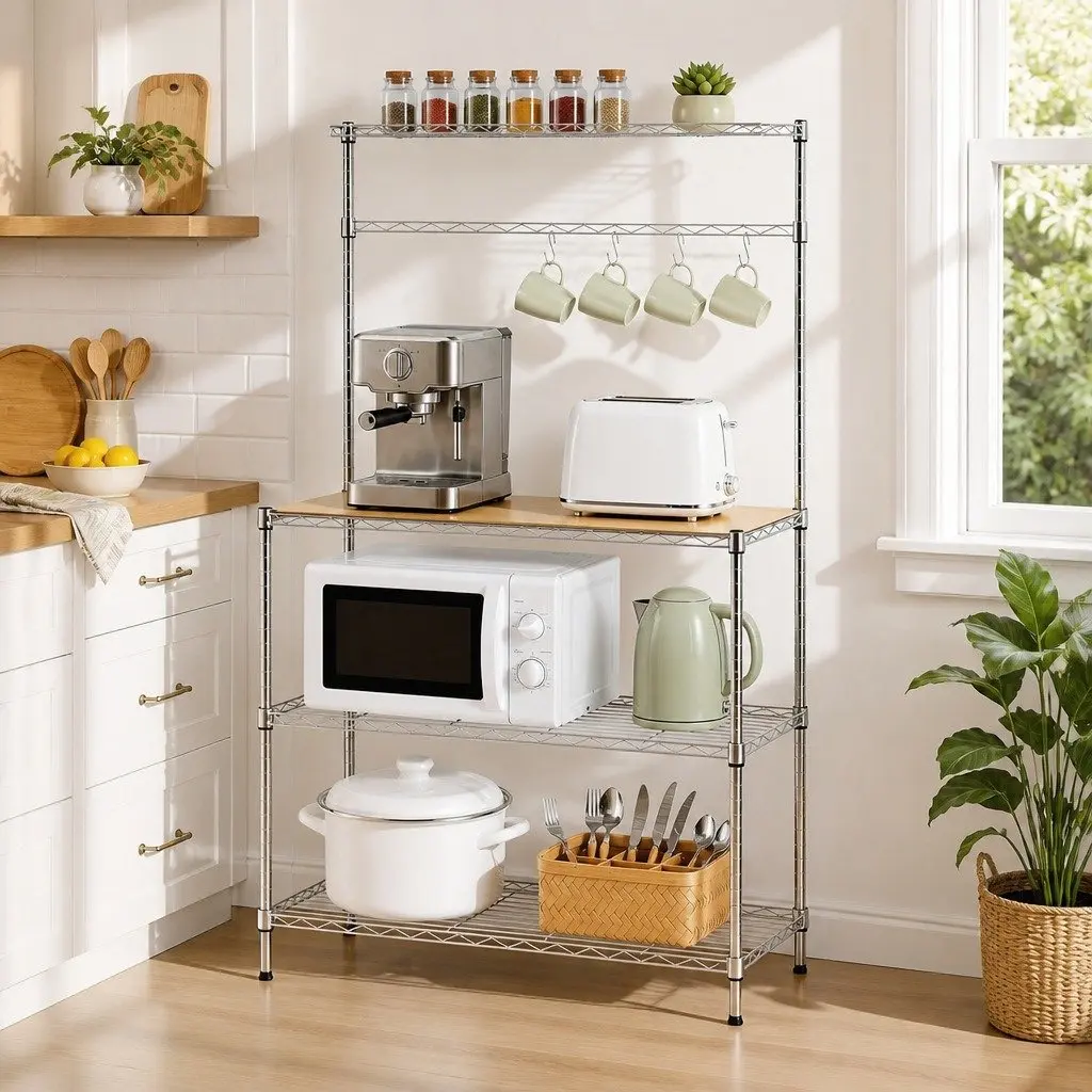 4TierKitchenShelfMetalOrganizerSilverCompactStorage90cmx34cmx151cm