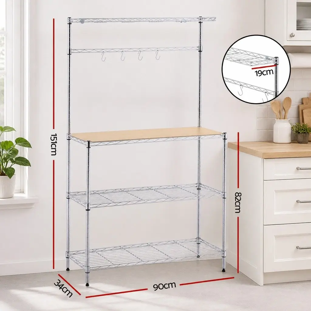 4TierKitchenShelfMetalOrganizerSilverCompactStorage90cmx34cmx151cm