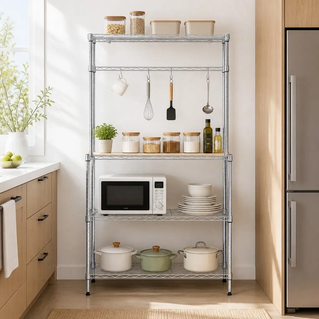 4TierKitchenShelfMetalOrganizerSilverCompactStorage90cmx34cmx151cm