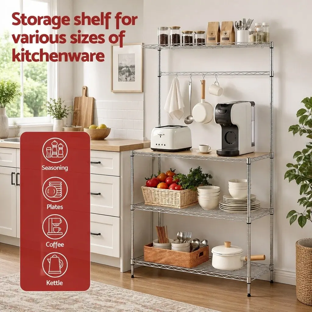 4TierKitchenShelfMetalOrganizerSilverCompactStorage90cmx34cmx151cm