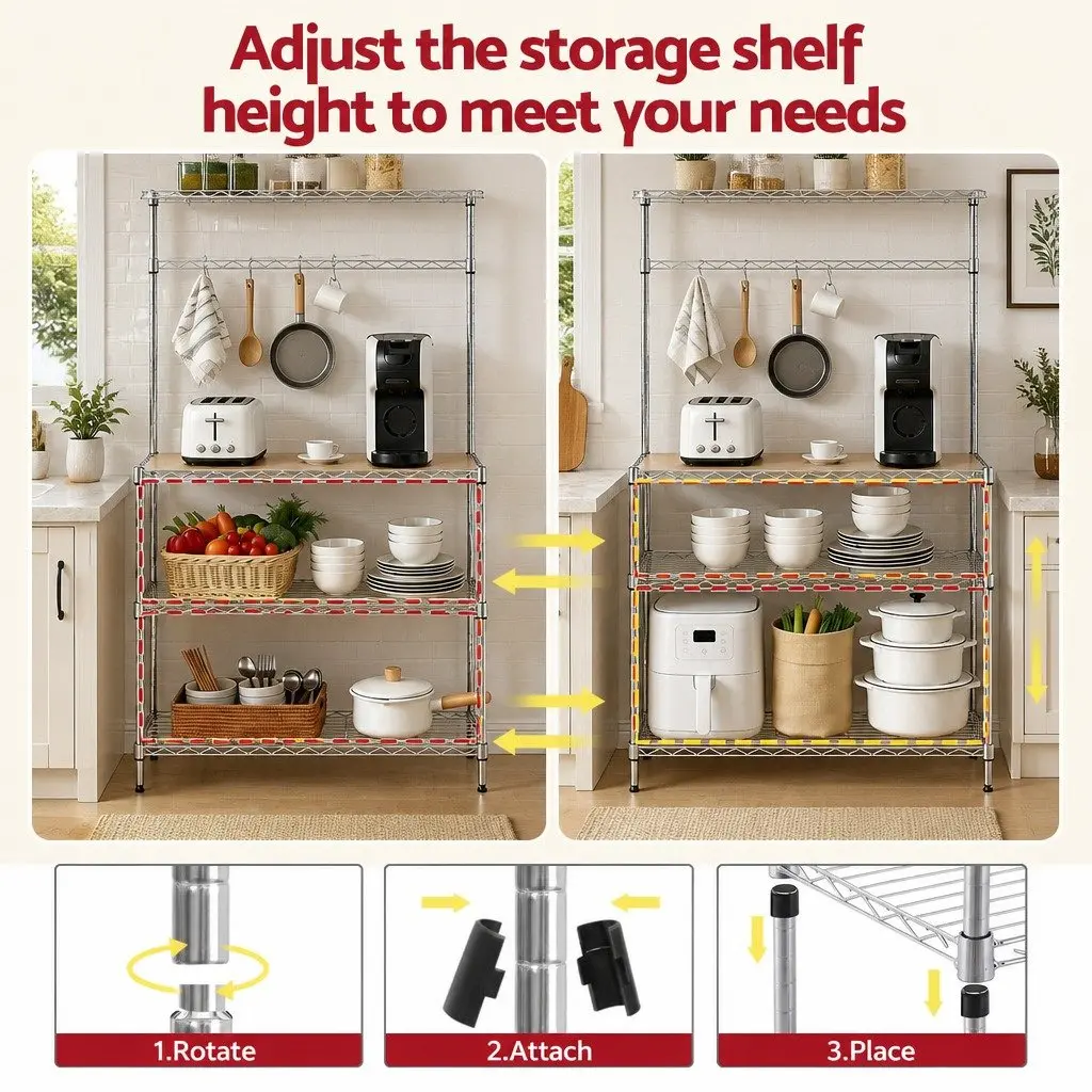 4TierKitchenShelfMetalOrganizerSilverCompactStorage90cmx34cmx151cm
