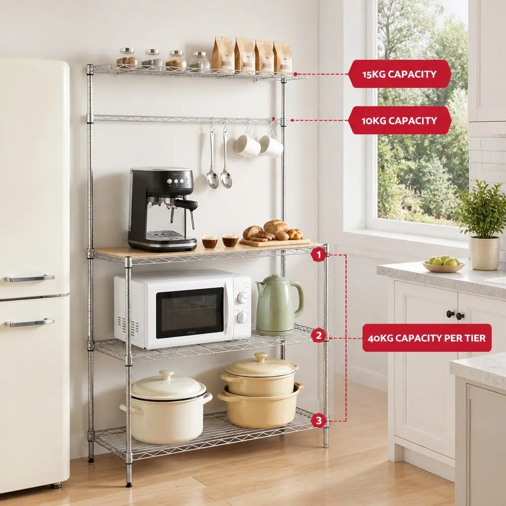 4TierKitchenShelfMetalOrganizerSilverCompactStorage90cmx34cmx151cm