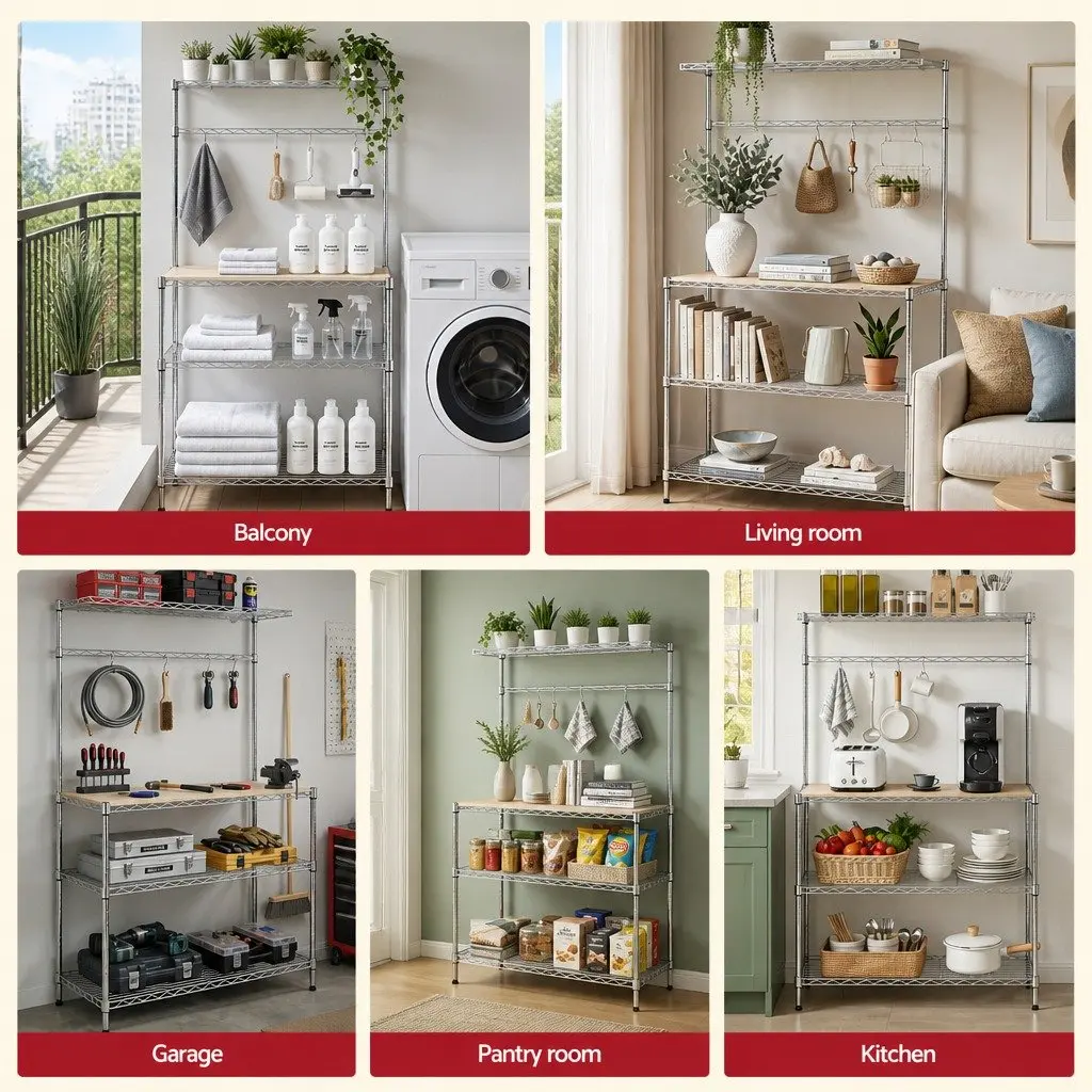 4TierKitchenShelfMetalOrganizerSilverCompactStorage90cmx34cmx151cm