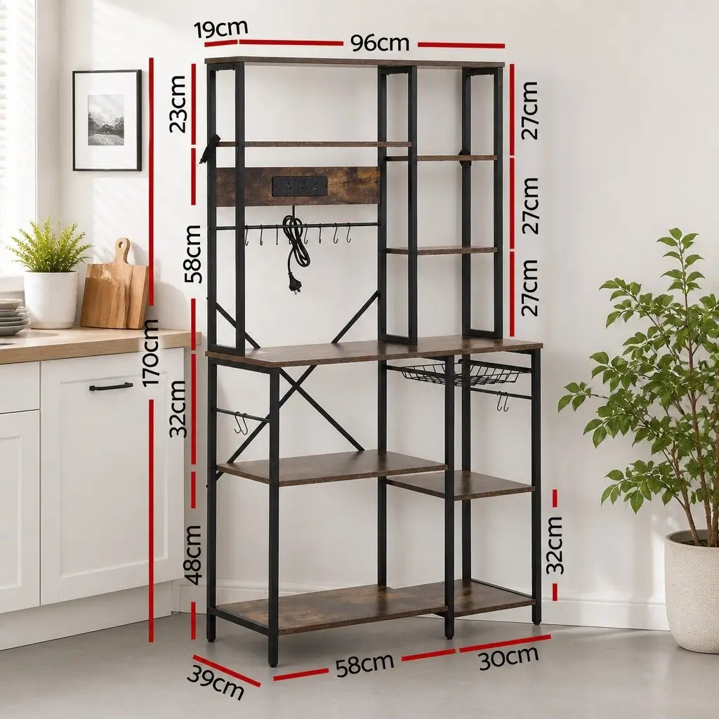 Kitchen Storage Rack Metal Frame 96CM x 39CM x 170CM Brown Microwave Shelf Unit with Power Outlets and Hooks