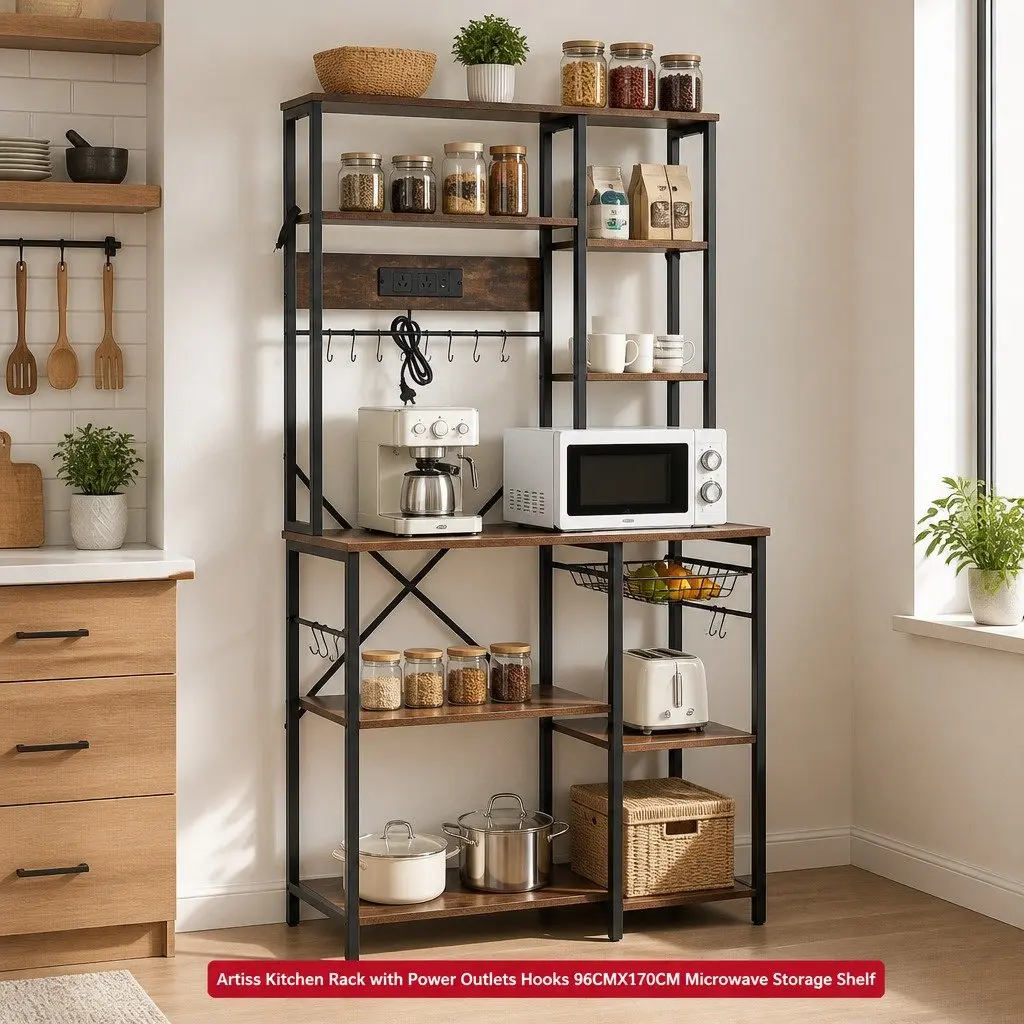 Kitchen Storage Rack Metal Frame 96CM x 39CM x 170CM Brown Microwave Shelf Unit with Power Outlets and Hooks
