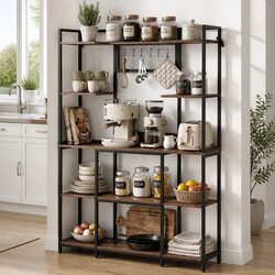 Kitchen Utility Rack Storage Shelf with 6 Hooks Brown Metal Tier Shelving Unit