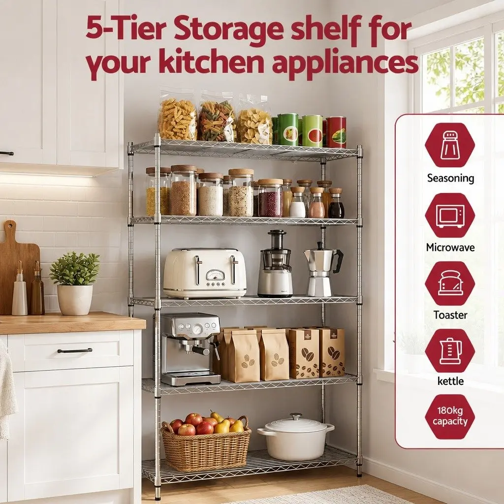 Metal Shelving Unit 5-Tier Organizer Storage Rack Silver 120x45x179cm