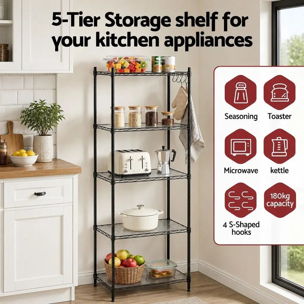 5TierAdjustableBlackMetalKitchenStorageShelfUnitVerticalCompactOrganizer