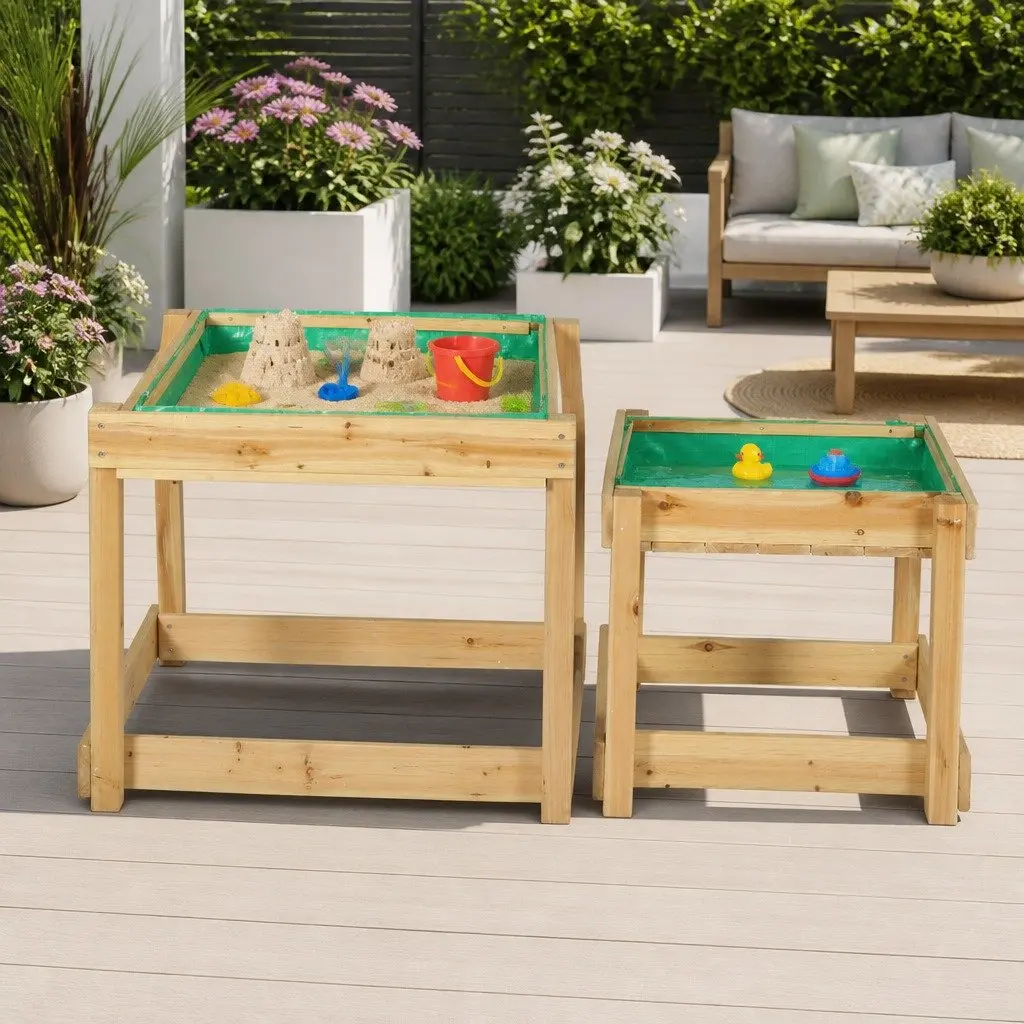 Kids Outdoor Play Set Natural Wood 101cm 2-in-1 Water Table and Sandpit