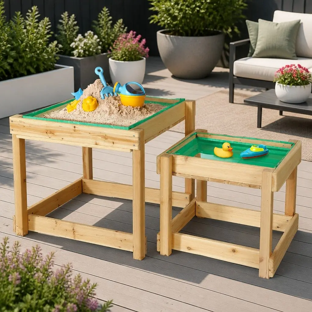 Kids Outdoor Play Set Natural Wood 101cm 2-in-1 Water Table and Sandpit