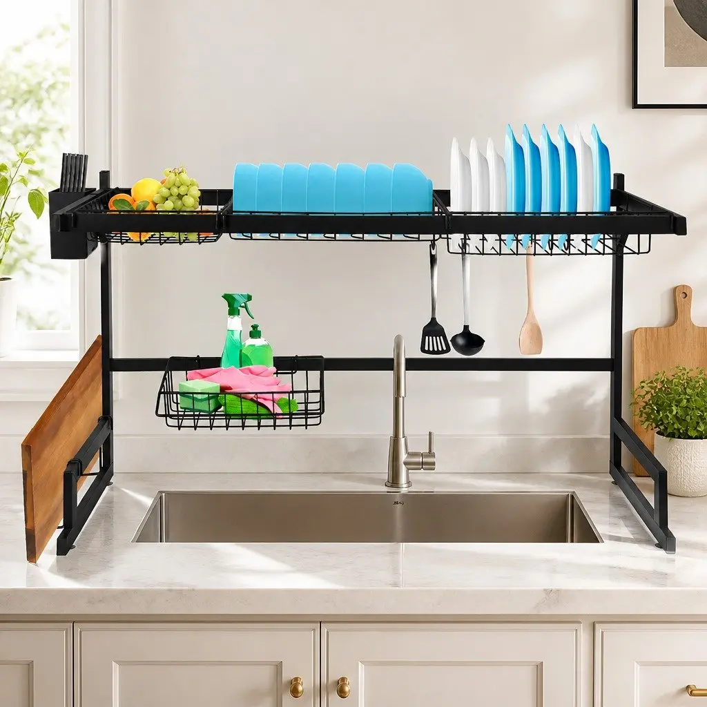Dish Drying Rack Stainless Steel 85cm 2-Tier Black Kitchen Organizer