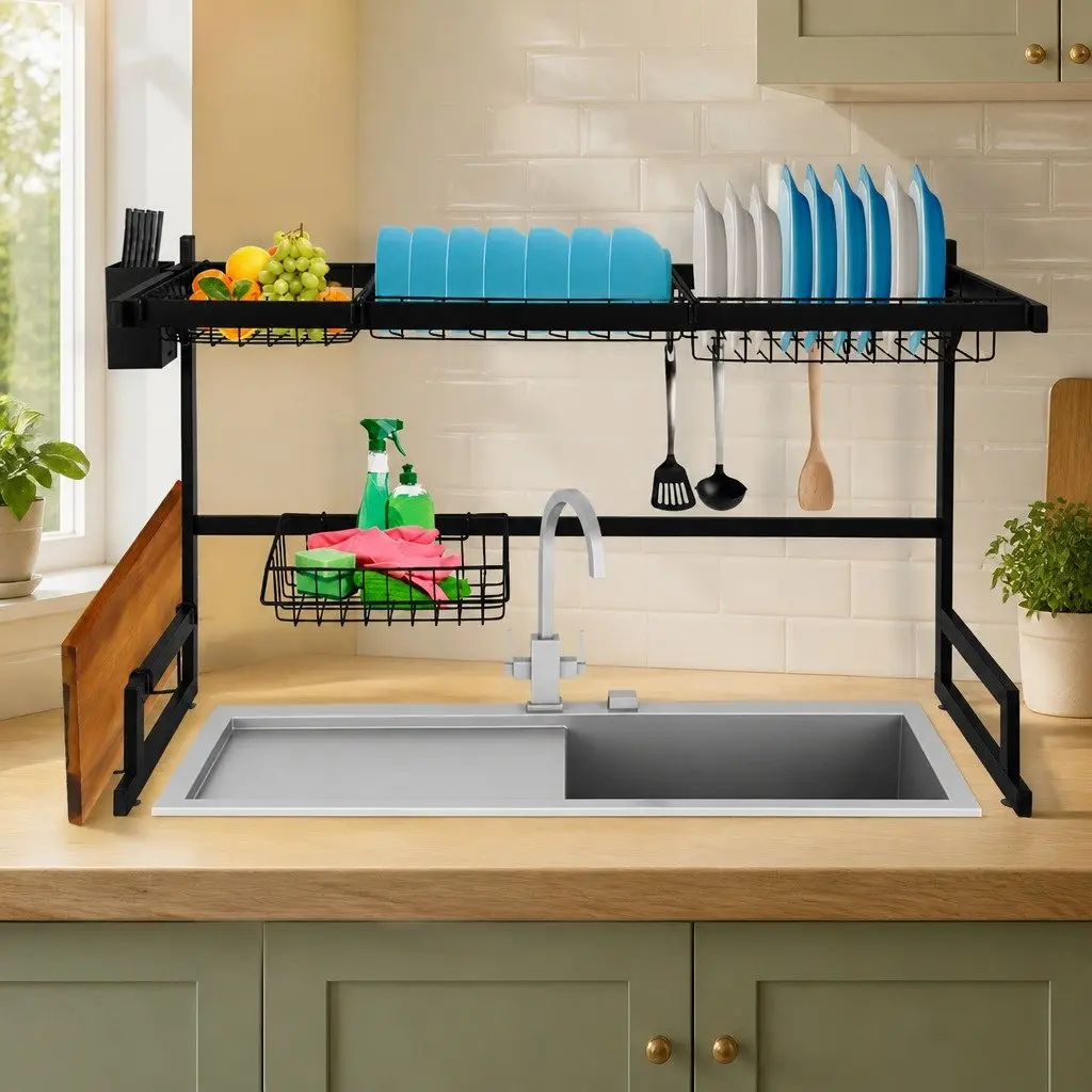 Dish Drying Rack Stainless Steel 85cm 2-Tier Black Kitchen Organizer