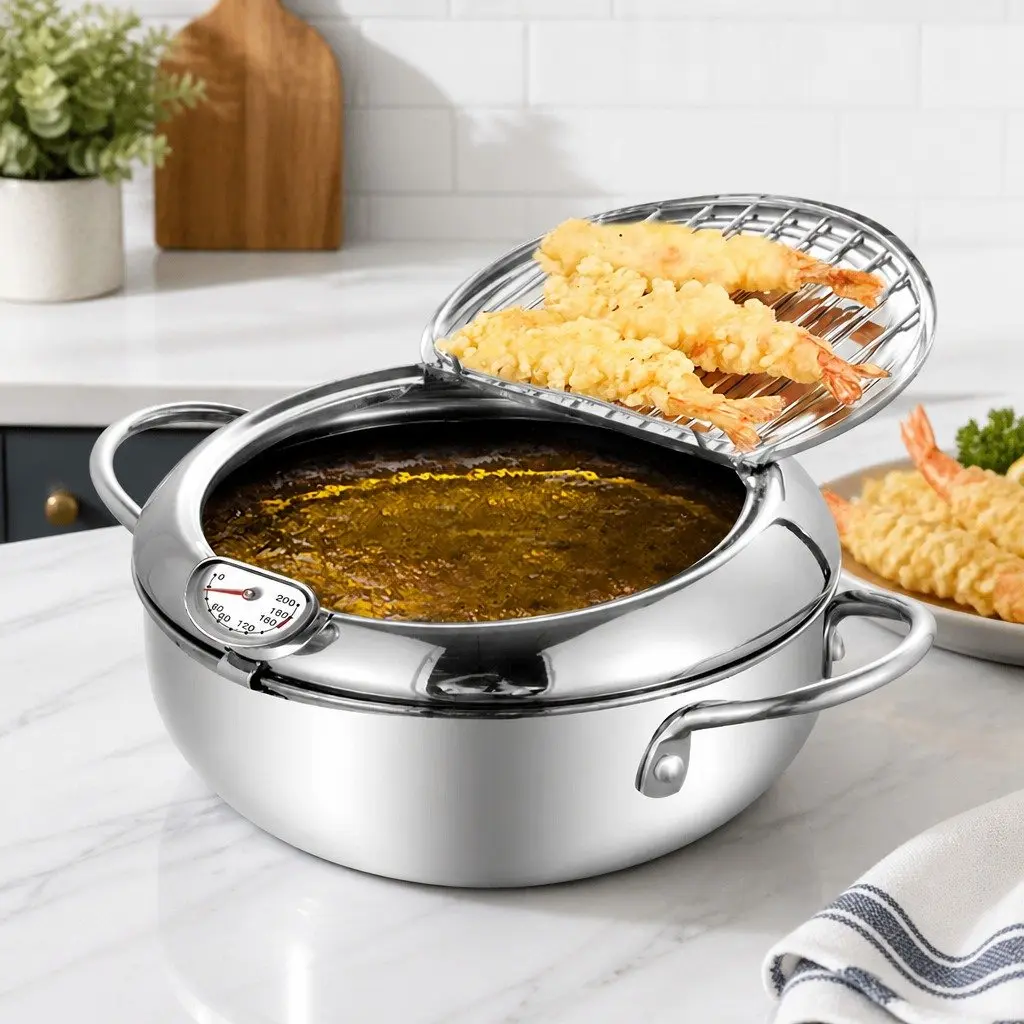 Deep Frying Pan Stainless Steel 24cm Silver with Thermometer and Draining Rack