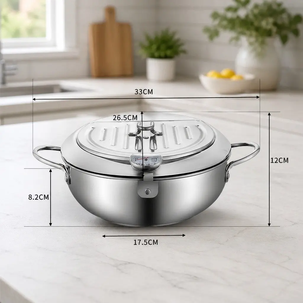 Deep Frying Pan Stainless Steel 24cm Silver with Thermometer and Draining Rack