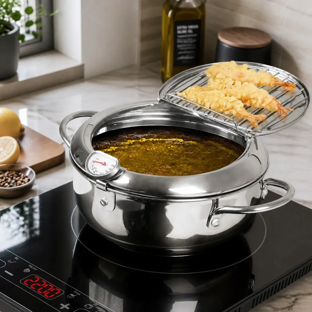 Deep Frying Pan Stainless Steel 24cm Silver with Thermometer and Draining Rack