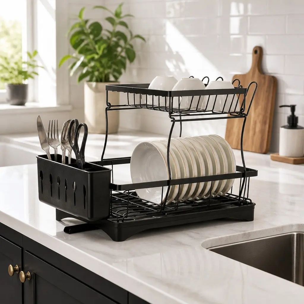2 Tier Dish Drying Rack with Cutlery Holder Removable Sections Large Capacity