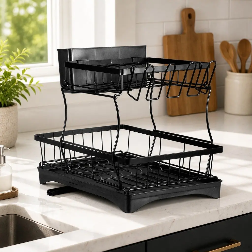 2 Tier Dish Drying Rack with Cutlery Holder Removable Sections Large Capacity